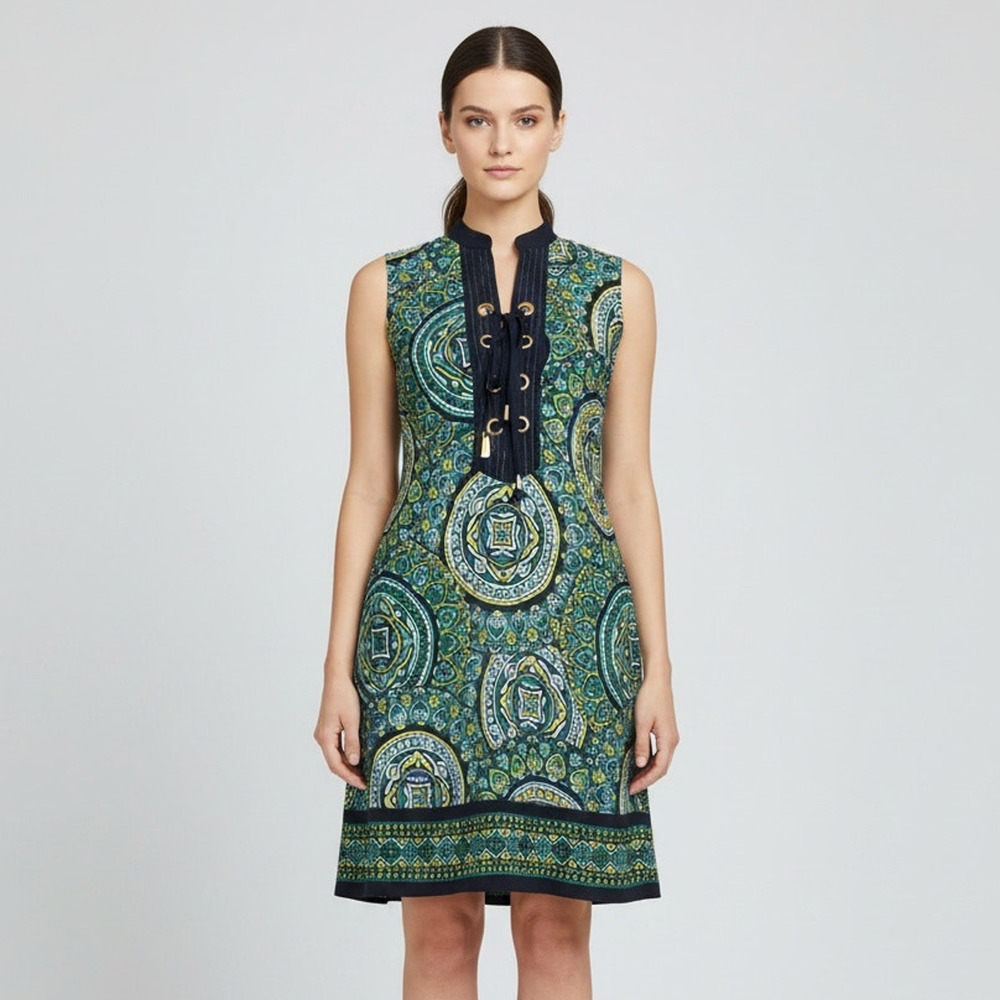 Beth Bowley Paisley Shift Dress Size 2 Silk Sleeveless Lace Up Mini Green Blue